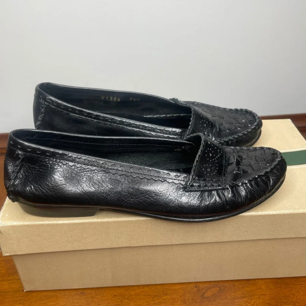 Vintage Italy‎ Cole Haan Suzette Black Leather Woven Loafers Flats Womens 5.5 M